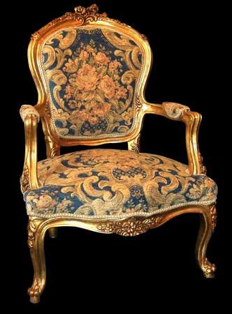 French style carved and gilded arm chair with Aubusson style fabric